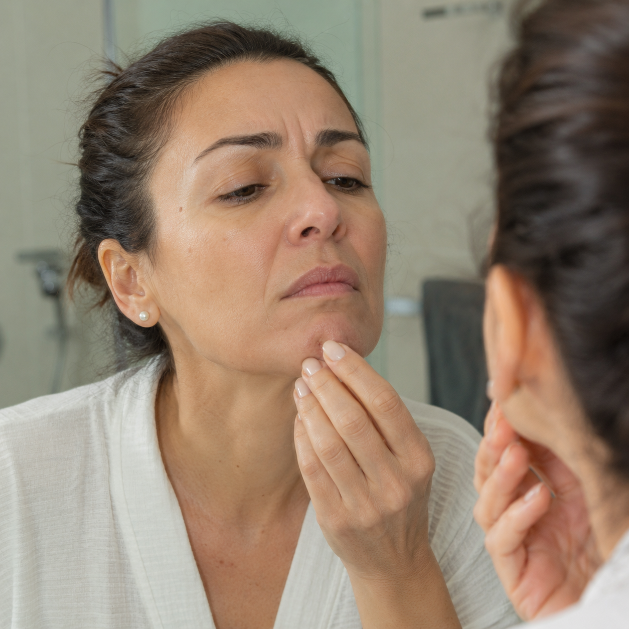 Woman examining chin hair in the mirror
